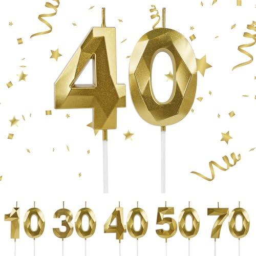 URAQT Vela de cumpleaños,3D Velas de Pastel de Cumpleaños Doradas,vela número 40,vela de...