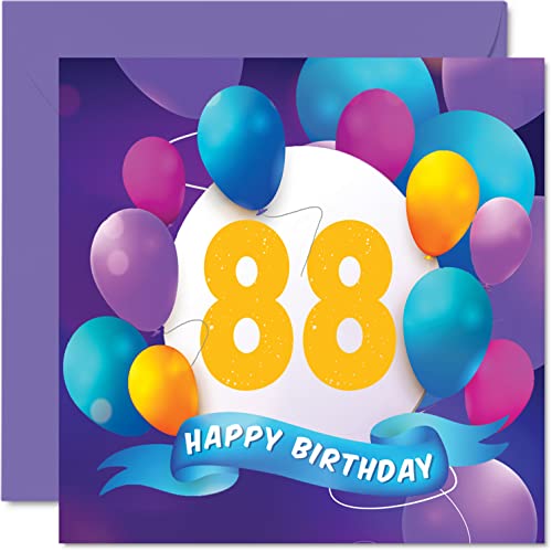 Tarjeta cumpleaños 88 hombres mujeres, fiesta en globo, tarjetas feliz cumpleaños hombre 88 años, mujer, abuelo, abuela,, niñera, mamá, papá, 145 mm x 145 mm, tarjetas felicitación cumpleaños 145 mm