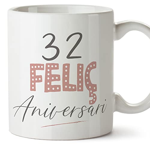 MUGFFINS Tazas 32 Cumpleaños - En Catalán - Feliç Aniversari! Rosa - 11 oz / 330 ml - Regalo...