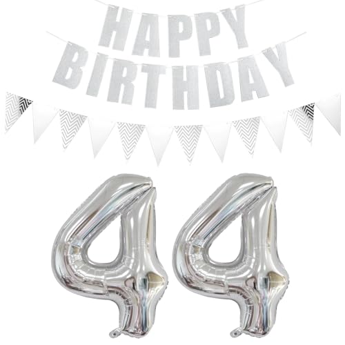 Globos con número 44 de plata + guirnalda de feliz cumpleaños + pancarta globo de papel de...