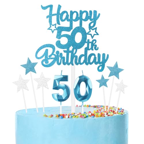 mciskin Conjunto de velas de cumpleaños de 50 años azules,Vela número 50 para pastel,Decoraciones...