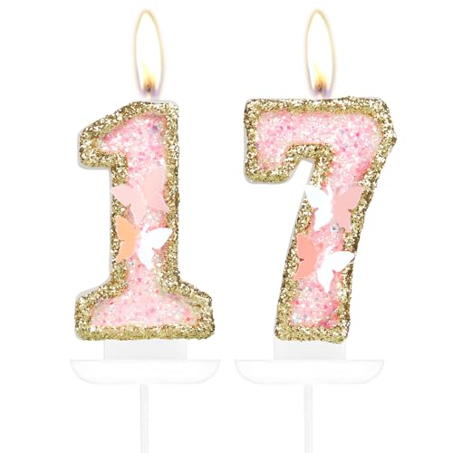 Velas de mariposa con el número 17, velas de cumpleaños número 17 para tartas, decoración de...