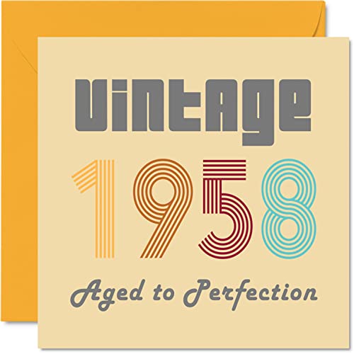 Tarjetas de cumpleaños 65 para hombres y mujeres, vintage de 1958 Aged To Perfection, tarjeta de 65 cumpleaños divertida para ella y él, 145 mm x 145 mm, tarjetas de felicitación de cumpleaños para