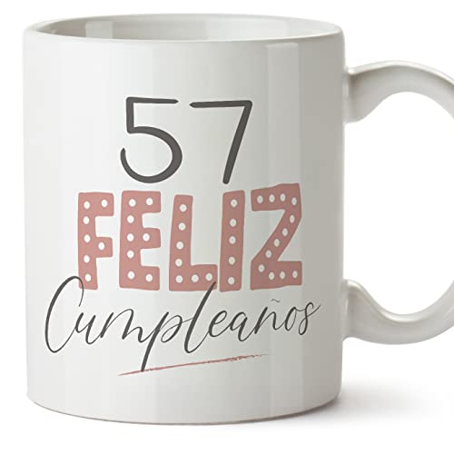 MUGFFINS Tazas 57 Cumpleaños - En Español - ¡Feliz Cumpleaños! Rosa - 11 oz / 330 ml - Regalo original y divertido