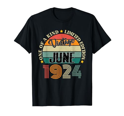 100 Años Vintage Junio 1924 Cumpleaños 100 Retro Camiseta