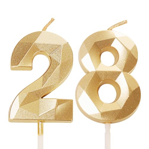 Velas de cumpleaños número 28, velas doradas con el número 28, para niños, niñas, ella, él,...