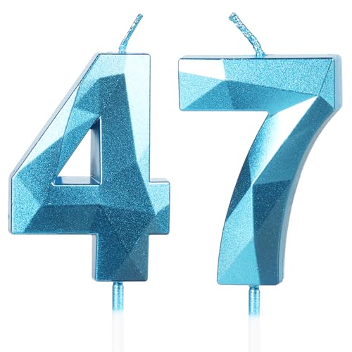 Velas de Cumpleaños 47 Años Azul, Decoraciones para Hombres y Mujeres, Número 47 3D para Tarta,...
