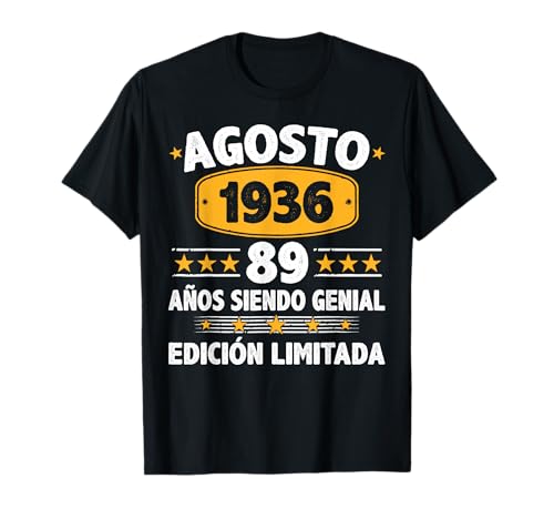Agosto 1936 89 Años Hombre Cumpleaños Regalo Agosto 1936 Camiseta