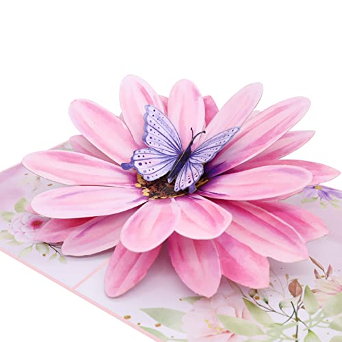 MOKIO® Tarjeta de Flores Pop-Up – Flor con Mariposa – Tarjeta de felicitación 3D para un cumpleaños, jubilación o como cupón, Tarjeta de regalo emergente con sobre