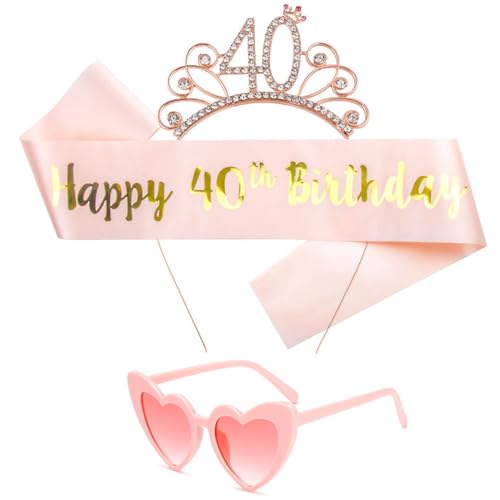 EJRUP Decoración 40 Cumpleaños Mujer: Cinta Rosa Oro y Corona de Cumpleaños con Gafas en Forma de...