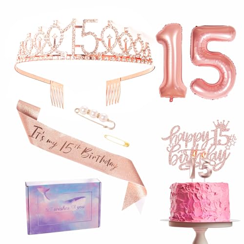 Decoraciones de cumpleaños número 15 para niña, juego de banda, tiara, corona, decoración para...