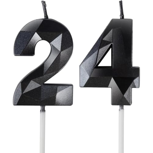 Yiran Velas de Cumpleaños 24 Años Negro, Decoraciones para Hombres y Mujeres, Número 24 3D para...