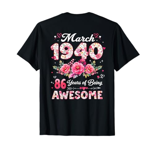 (En la Parte Posterior) 86 años Marzo 1940 Floral 86 cumpleaños Camiseta