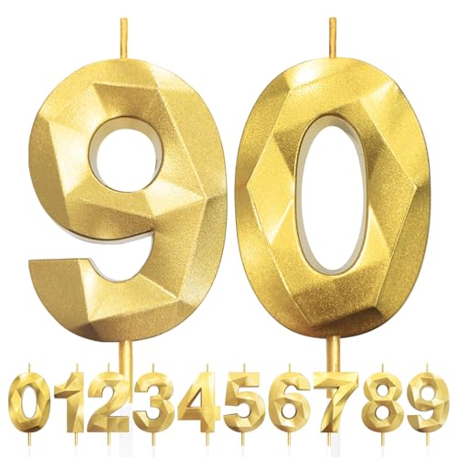Velas Dorado 3D Número 90, Vela de Feliz cumpleaños, Decoraciones para Fiestas, Bodas y...