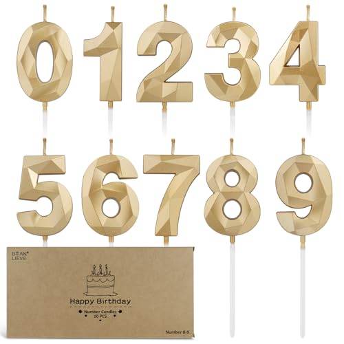 BEAN LIEVE Juego de 10 velas con números del 0 al 9, velas de cumpleaños cortadas con diamante,...