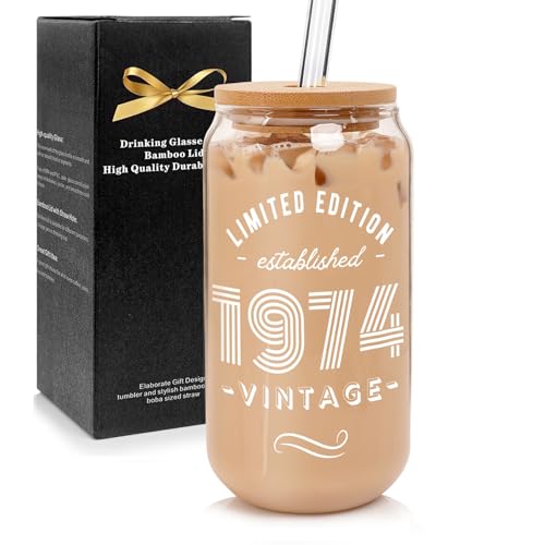 ANOTION Regalos de 50 cumpleaños para ella, taza de vidrio de borosilicato con tapa y pajita,...