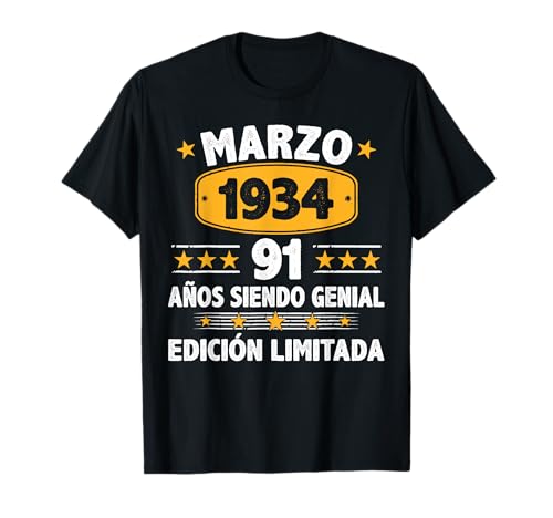 Marzo 1934 91 Años Hombre Cumpleaños Regalo Marzo 1934 Camiseta