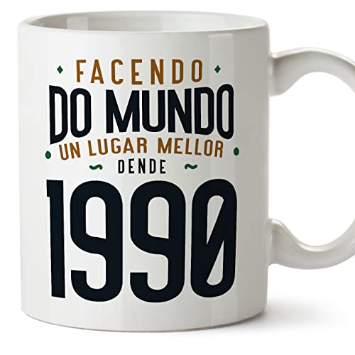 MUGFFINS Tazas 1990 Cumpleaños - En Gallego - Facendo do Mundo un Lugar Mellor - 11 oz / 330 ml -...