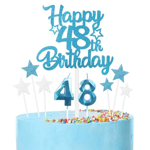 mciskin Conjunto de velas de cumpleaños de 48 años azules,Vela número 48 para pastel,Decoraciones...