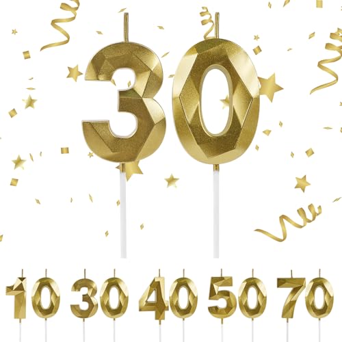 URAQT Vela de cumpleaños,3D Velas de Pastel de Cumpleaños Doradas,vela número 30,vela de...