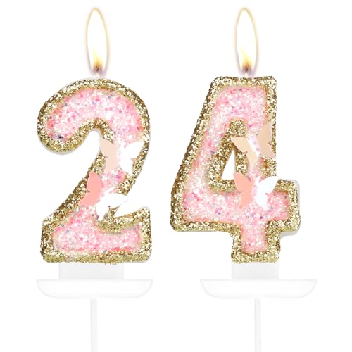 Velas de mariposa con el número 24, velas de cumpleaños número 24 para niñas, decoración de...