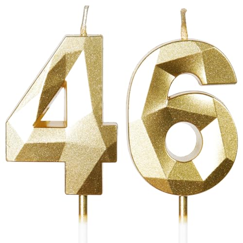 Yiran Velas de Cumpleaños 46 Años Dorado, Decoraciones para Hombres y Mujeres, Número 46 3D para...
