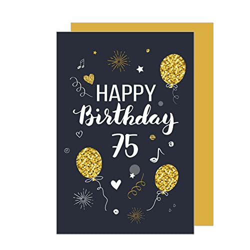 Edition Seidel Tarjeta de felicitación de 75 cumpleaños premium con sobre. Tarjeta de felicitación Billet Happy Birthday para mujer hombre oro globos (GZ346-75 SW023)