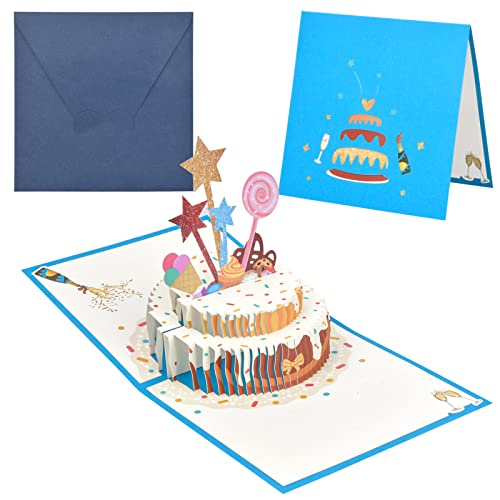 Tarjetas de felicitación Cumpleaños, 3D Pop up Tarjetas de Cumpleaños, Tarjeta de Cumpleaños con Diseño de Pastel y Vela en 3D, Tarjeta de felicitación con Sobre para Familiares, Amigos, Amantes, Blau
