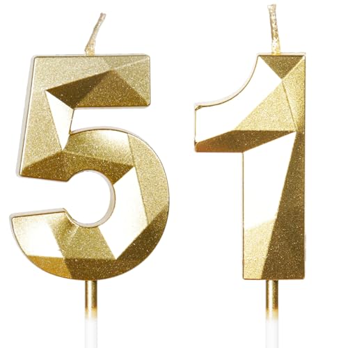 Yiran Velas de Cumpleaños 51 Años Dorado, Decoraciones para Hombres y Mujeres, Número 513D para...
