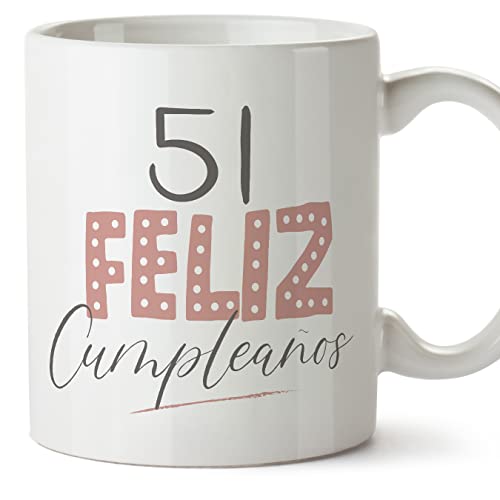 MUGFFINS Tazas 51 Cumpleaños - En Español - ¡Feliz Cumpleaños! Rosa - 11 oz / 330 ml - Regalo original y divertido