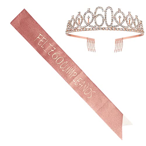 Feliz 60 Cumpleaños Faja de Satén Oro Rosa Feliz Cumpleaños Cumpleaños Sash 60th Diadema Tiara...