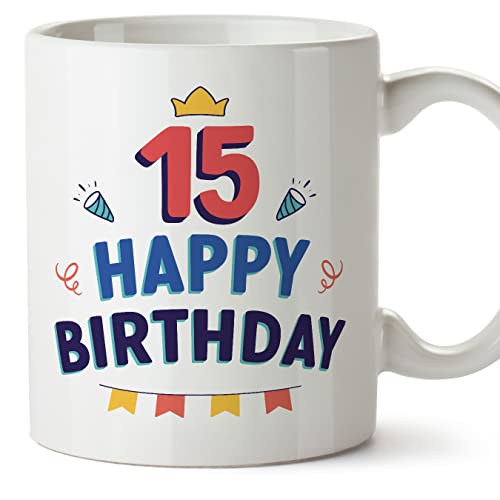 MUGFFINS Tazas 15 Cumpleaños - En Inglés - Happy Birthday! - 11 oz / 330 ml - Regalo original y...