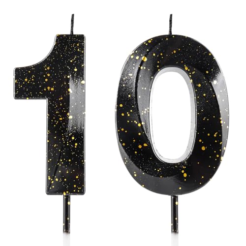 Velas de cumpleaños número 10, velas 3D de color negro y dorado, diseño de cera premium y...