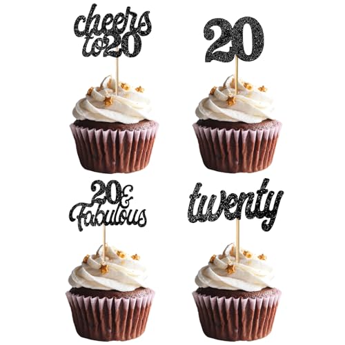Teselife Decoración Tartas 20º Cumpleaños para Mujer Hombre, 24 Piezas Purpurina Negro de 20º...