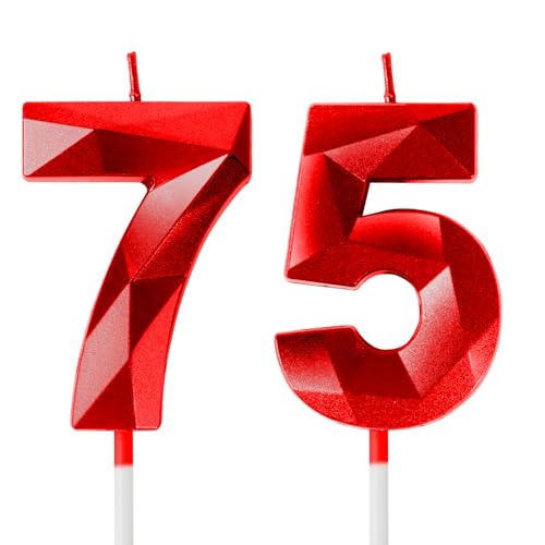 Yiran Velas de cumpleaños rojas 3D, velas de cumpleaños con números 75, decoración para tartas,...