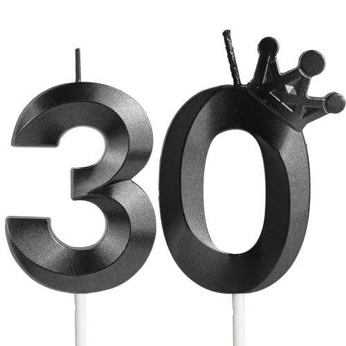 Corona Velas Cumpleaños Números 30, Negro Velas de Cumpleaños, 30 Años Decoración para Tartas...