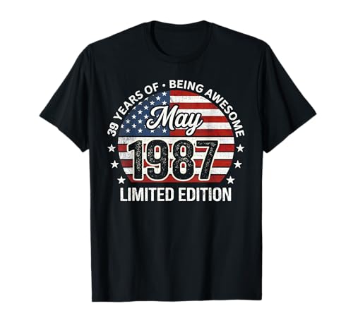 39 de Mayo cumpleaños Hombres Mujeres 1987 Impresionante Bandera de Estados Unidos Camiseta