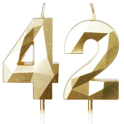 Yiran Velas de Cumpleaños 42 Años Dorado, Decoraciones para Hombres y Mujeres, Número 42 3D para...
