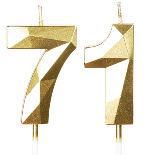 Yiran Velas de cumpleaños número 71, velas doradas con el número 71, decoraciones para tartas...