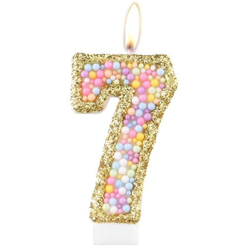 Velas de macaron para 7º cumpleaños, vela dorada del número 7 para pastel, velas de perlas de...