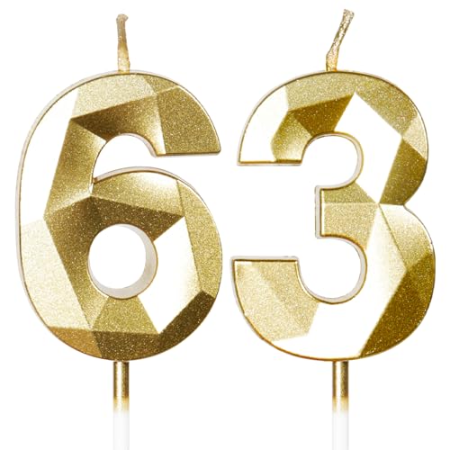 Yiran Velas de cumpleaños número 63, velas doradas con el número 63, decoraciones para tartas...