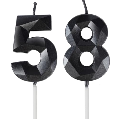 Velas de Cumpleaños 58 Años Negro, Decoraciones para Hombres y Mujeres, Número 58 3D para Tarta,...
