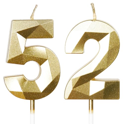 Yiran Velas de Cumpleaños 52 Años Dorado, Decoraciones para Hombres y Mujeres, Número 523D para...