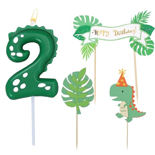 Velas Cumpleaños Números, Velas Dinosaurio 2 Años, con Topper Tarta, Números 2 Vela Verdes,...