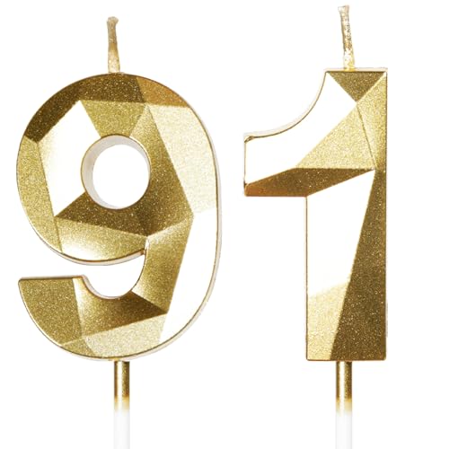 Velas de Cumpleaños 91 Años Dorado, Decoraciones para Hombres y Mujeres, Número 91 3D para Tarta,...