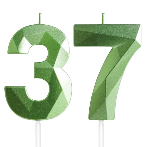 Velas de Cumpleaños 37 Años Verde, Decoraciones para Hombres y Mujeres, Número 37 3D para Tarta,...