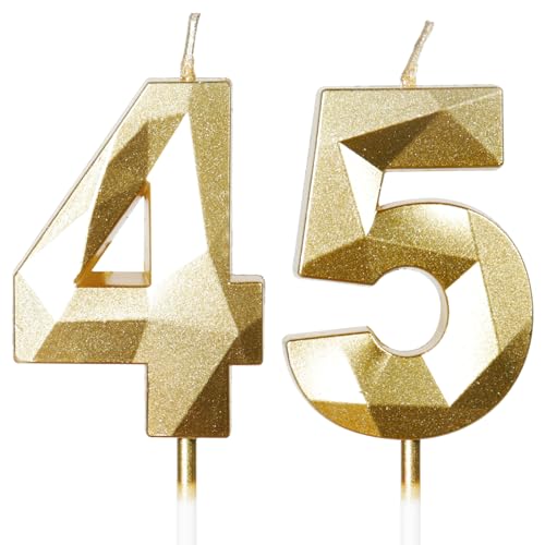 Velas de cumpleaños número 45, velas doradas, vela de cumpleaños para pastel, vela de feliz...
