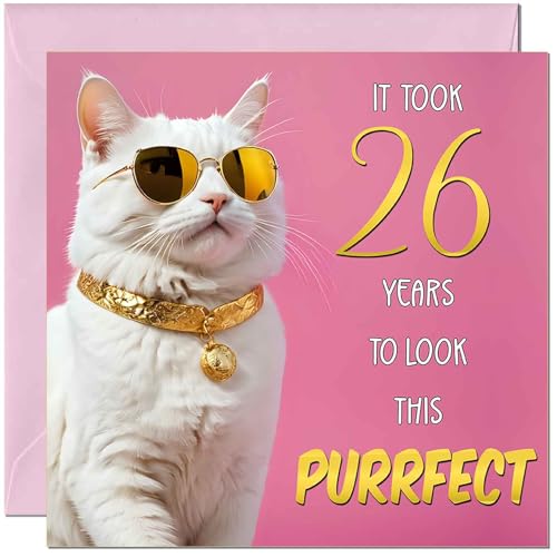 Tarjeta de cumpleaños número 26 de gato para mujer, cumpleaños Purrfect, divertida tarjeta de...