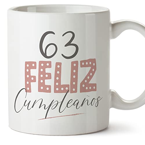 MUGFFINS Tazas 63 Cumpleaños - En Español - ¡Feliz Cumpleaños! Rosa - 11 oz / 330 ml - Regalo original y divertido