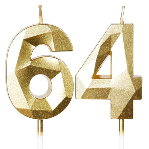 Velas de Cumpleaños 64 Años Dorado, Decoraciones para Hombres y Mujeres, Número 64 3D para Tarta,...